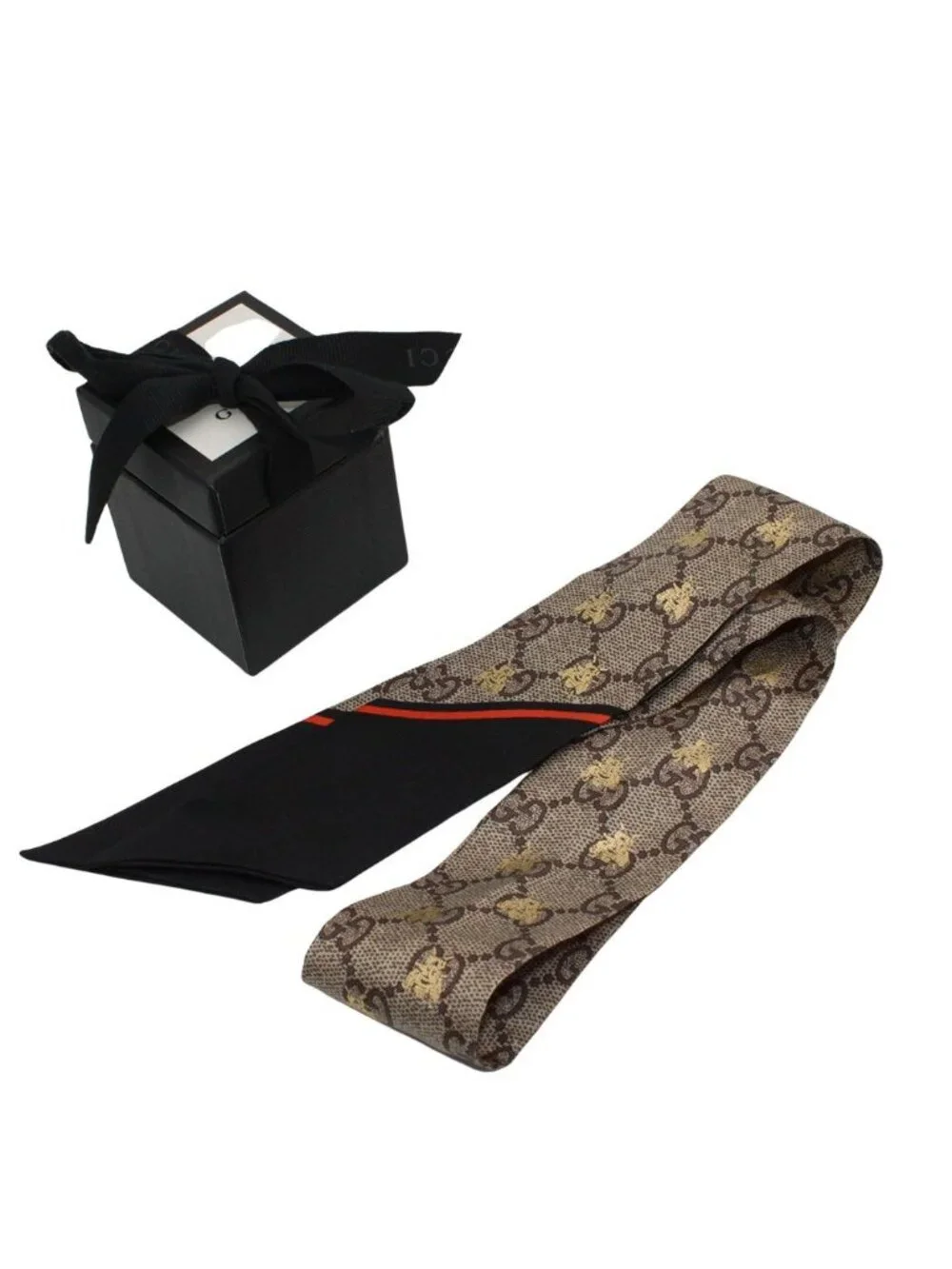 Gucci Scarf Silk GG Bee Neck Bow Gray Navy